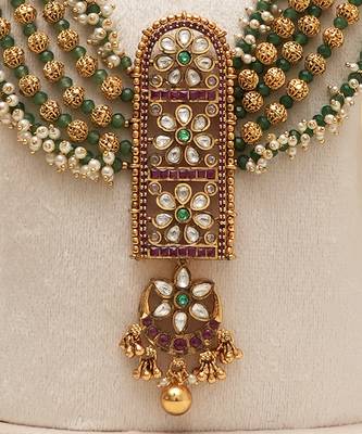 Antique gold plated green beaded long necklace set 3