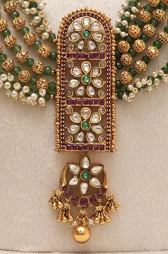 Antique gold plated green beaded long necklace set