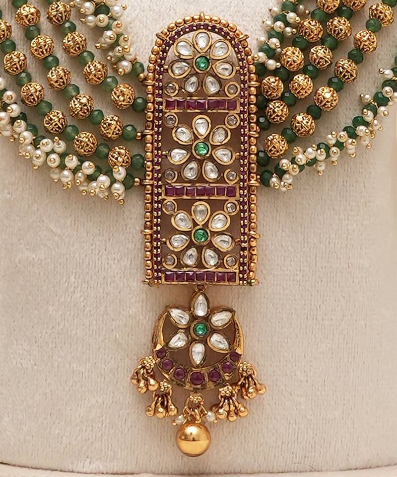Antique gold plated green beaded long necklace set