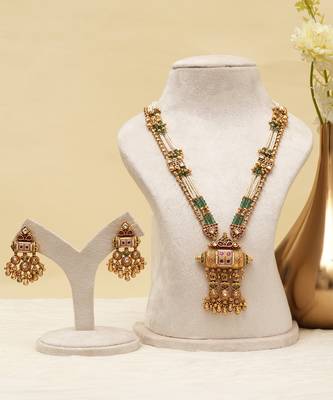 Antique gold plated multicolor royal long necklace set 1