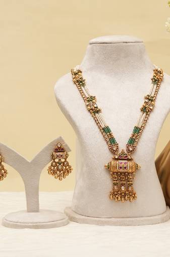 Antique gold plated multicolor royal long necklace set