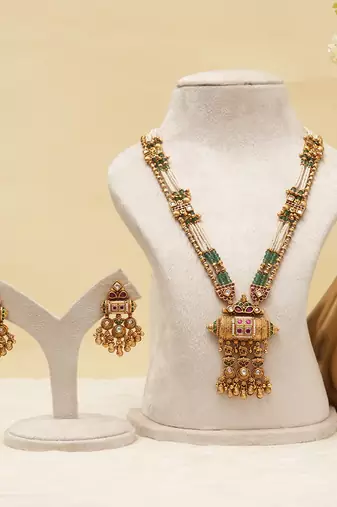 Antique gold plated multicolor royal long necklace set
