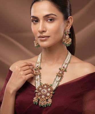 Gold plated green stones heritage long necklace set 1