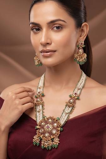 Gold plated green stones heritage long necklace set