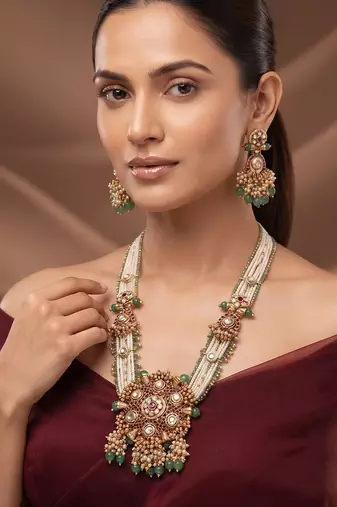 Gold plated green stones heritage long necklace set