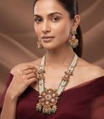 Gold plated green stones heritage long necklace set