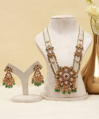 Gold plated green stones heritage long necklace set 2