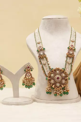 Gold plated green stones heritage long necklace set