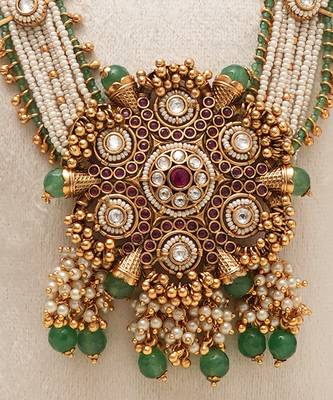 Gold plated green stones heritage long necklace set 3