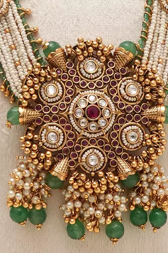 Gold plated green stones heritage long necklace set