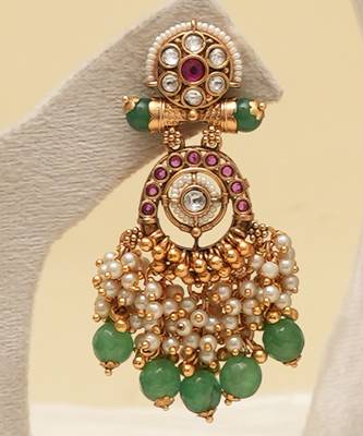 Gold plated green stones heritage long necklace set 4