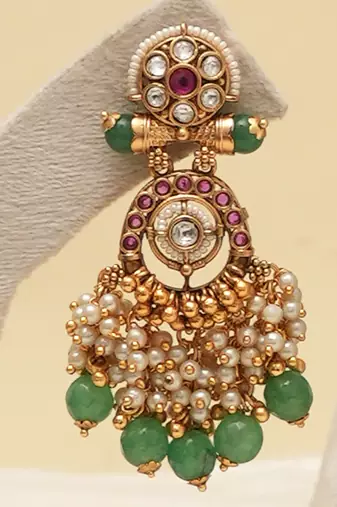 Gold plated green stones heritage long necklace set