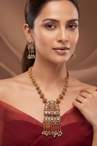Antique gold plated long haar kundan necklace set