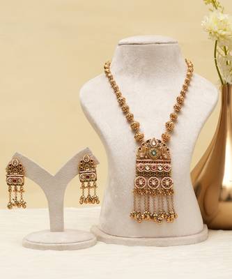 Antique gold plated long haar kundan necklace set 2