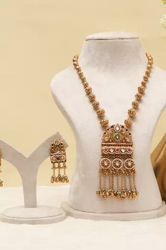 Antique gold plated long haar kundan necklace set