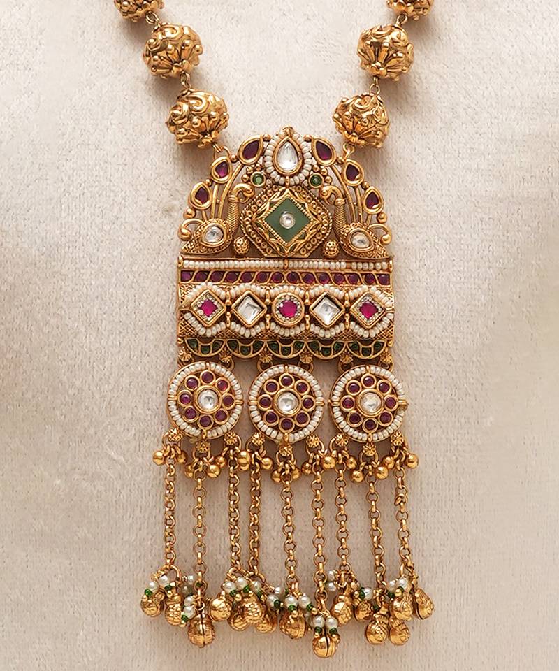 Antique gold plated long haar kundan necklace set