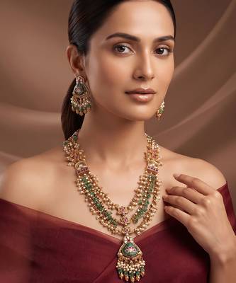 Gold plated green stones multi layered necklace set 1