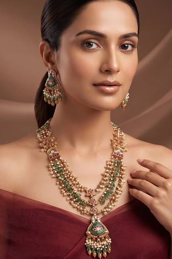 Gold plated green stones multi layered necklace set