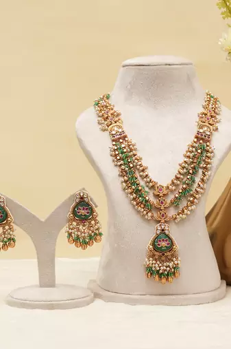 Gold plated green stones multi layered necklace set