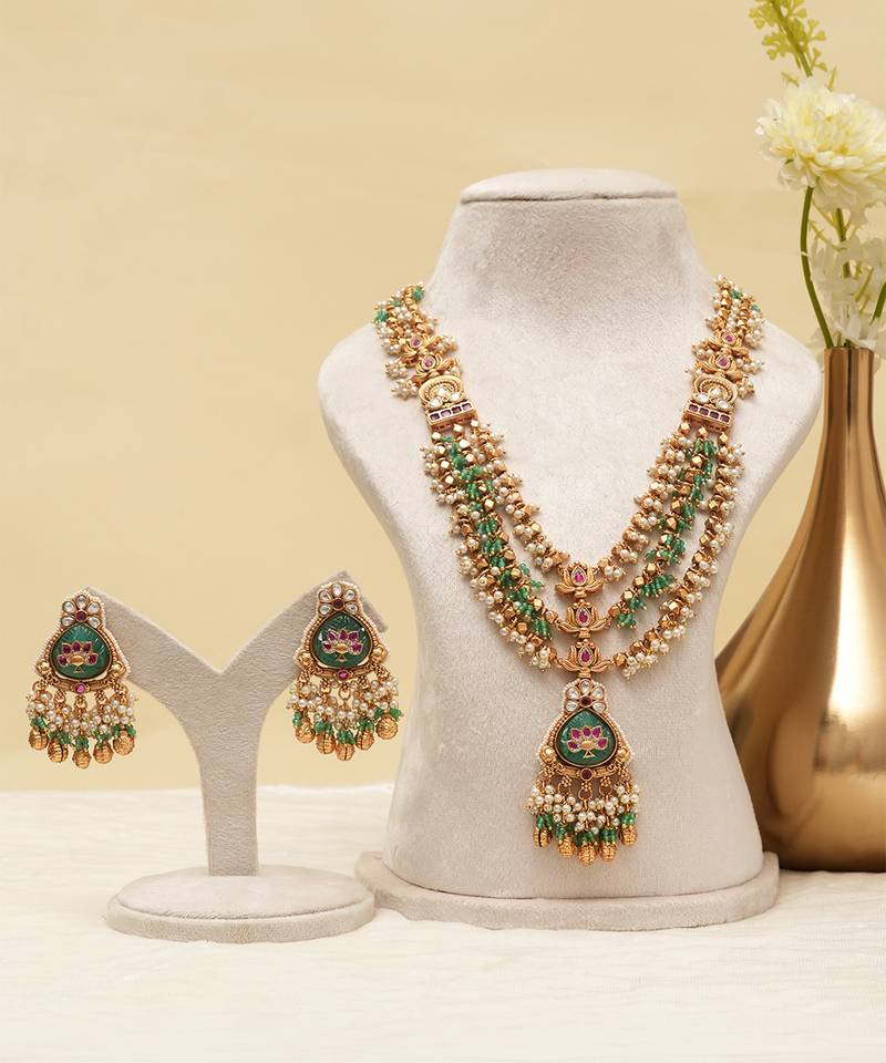 Gold plated green stones multi layered necklace set