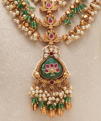 Gold plated green stones multi layered necklace set 3