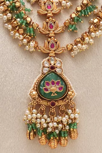 Gold plated green stones multi layered necklace set