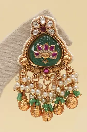 Gold plated green stones multi layered necklace set