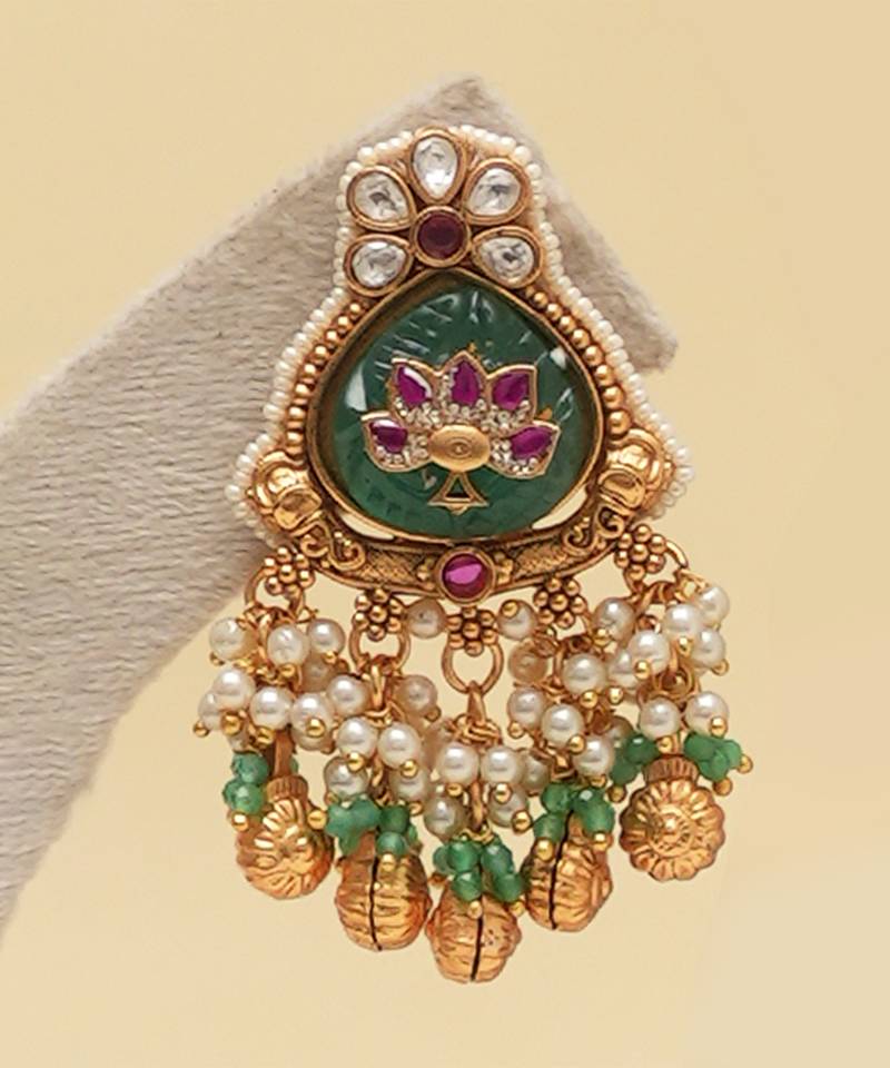 Gold plated green stones multi layered necklace set