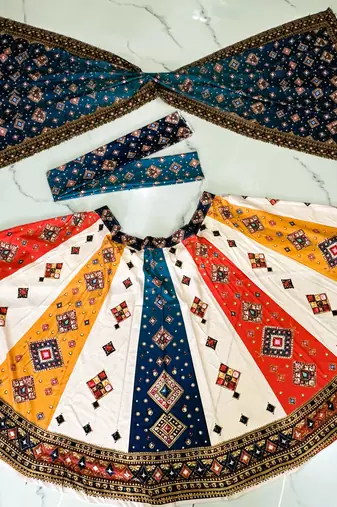 Navratri Ajrakh Print Rayon Lehenga Choli & Blouse With Dupatta