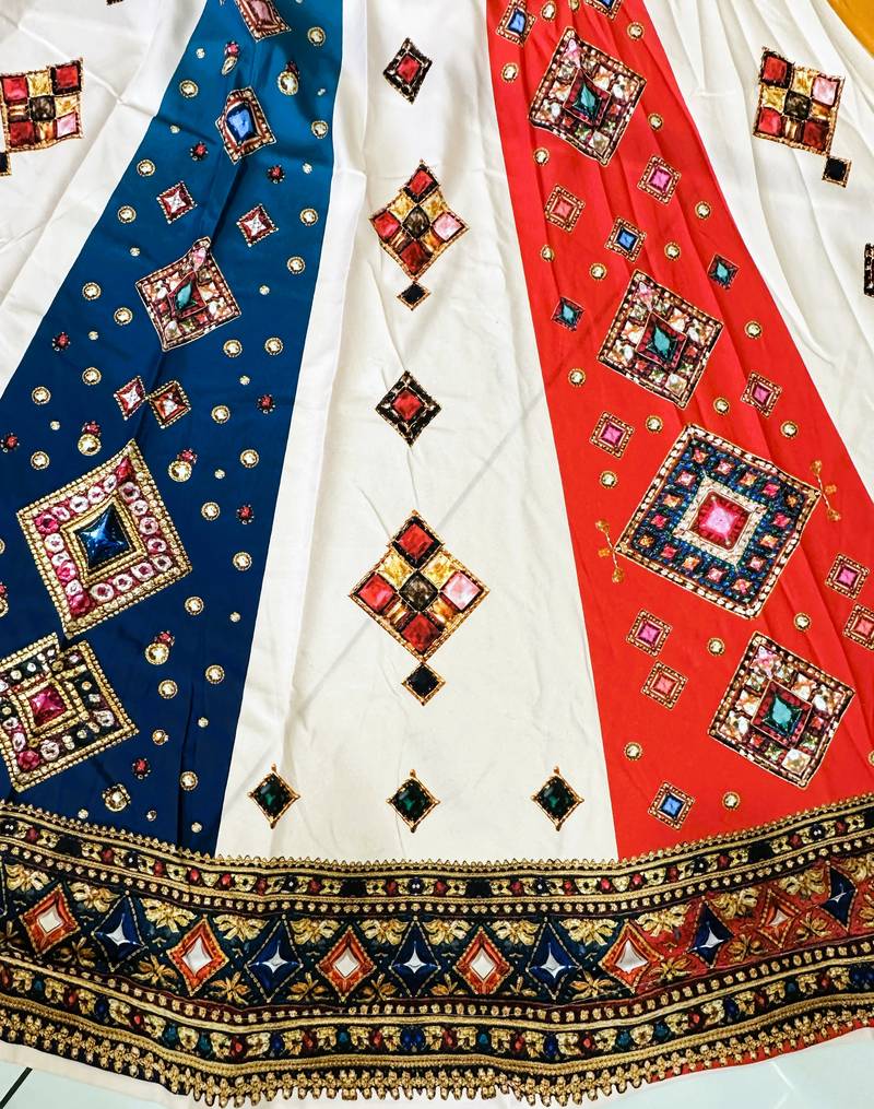 multicolor ajrakh print rayon navratri lehenga choli with dupatta