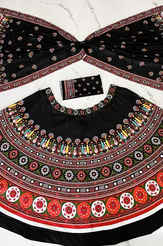 Navratri Ajrakh Print Rayon Lehenga Choli & Blouse With Dupatta