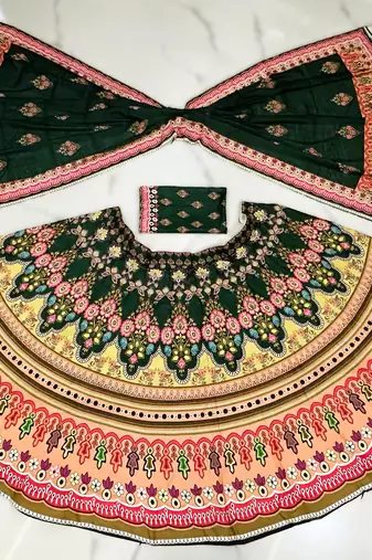 Navratri Ajrakh Print Rayon Lehenga Choli & Blouse With Dupatta