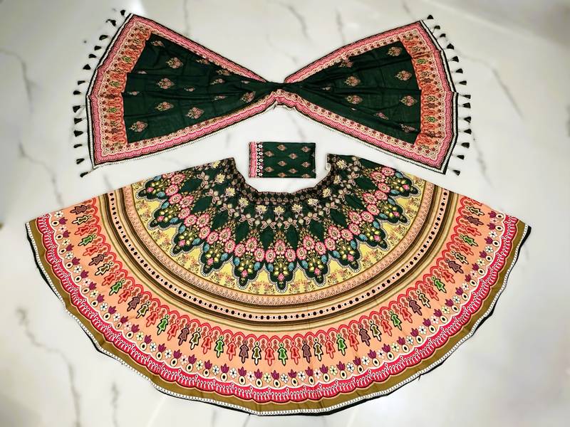 green digital print cotton navratri lehenga with dupatta
