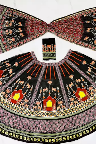 Navratri Ajrakh Print Rayon Lehenga Choli & Blouse With Dupatta