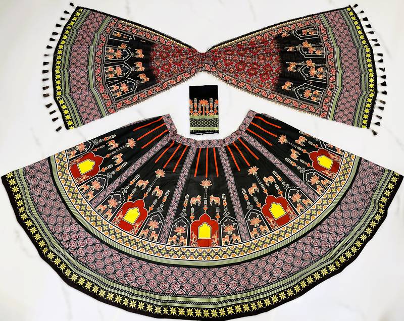 black printed rayon navratri lehenga with dupatta
