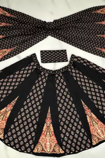 Navratri Ajrakh Print Rayon Lehenga Choli & Blouse With Dupatta