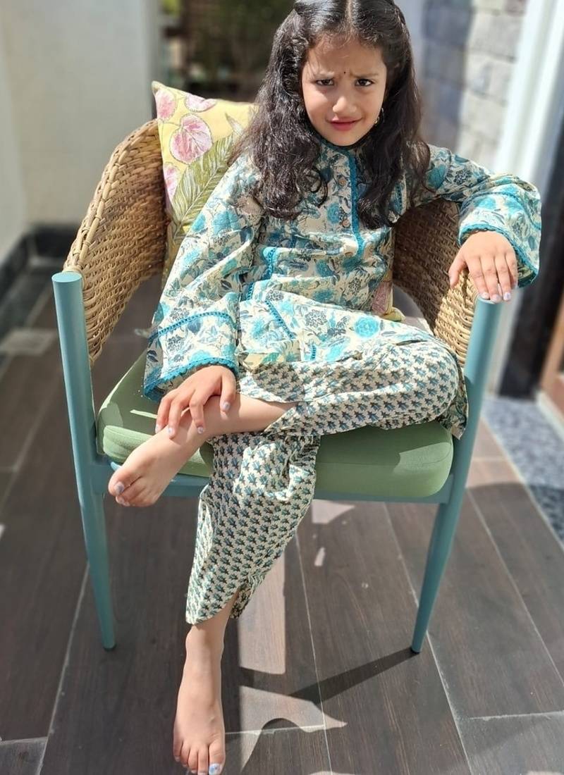Teal blue floral kurta set