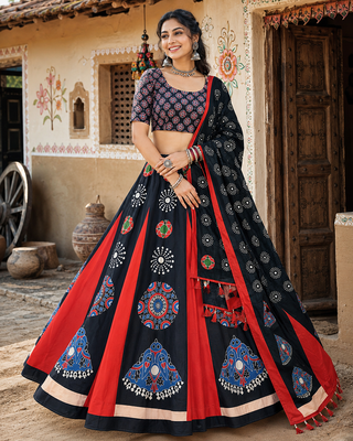 teal ajrakh print rayon navratri lehenga with dupatta 4