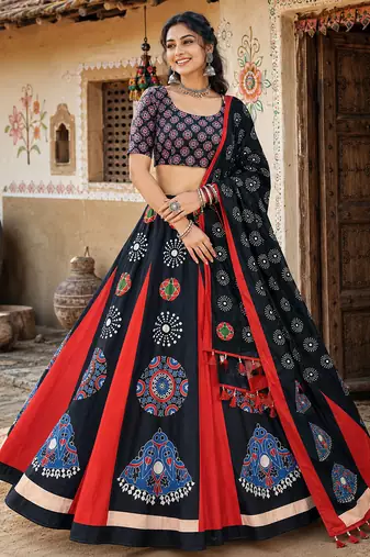 Navratri Ajrakh Print Rayon Lehenga Choli & Blouse With Dupatta