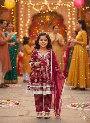 Girls maroon floral kurta set 1