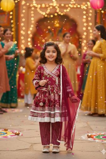 Girls maroon floral kurta set