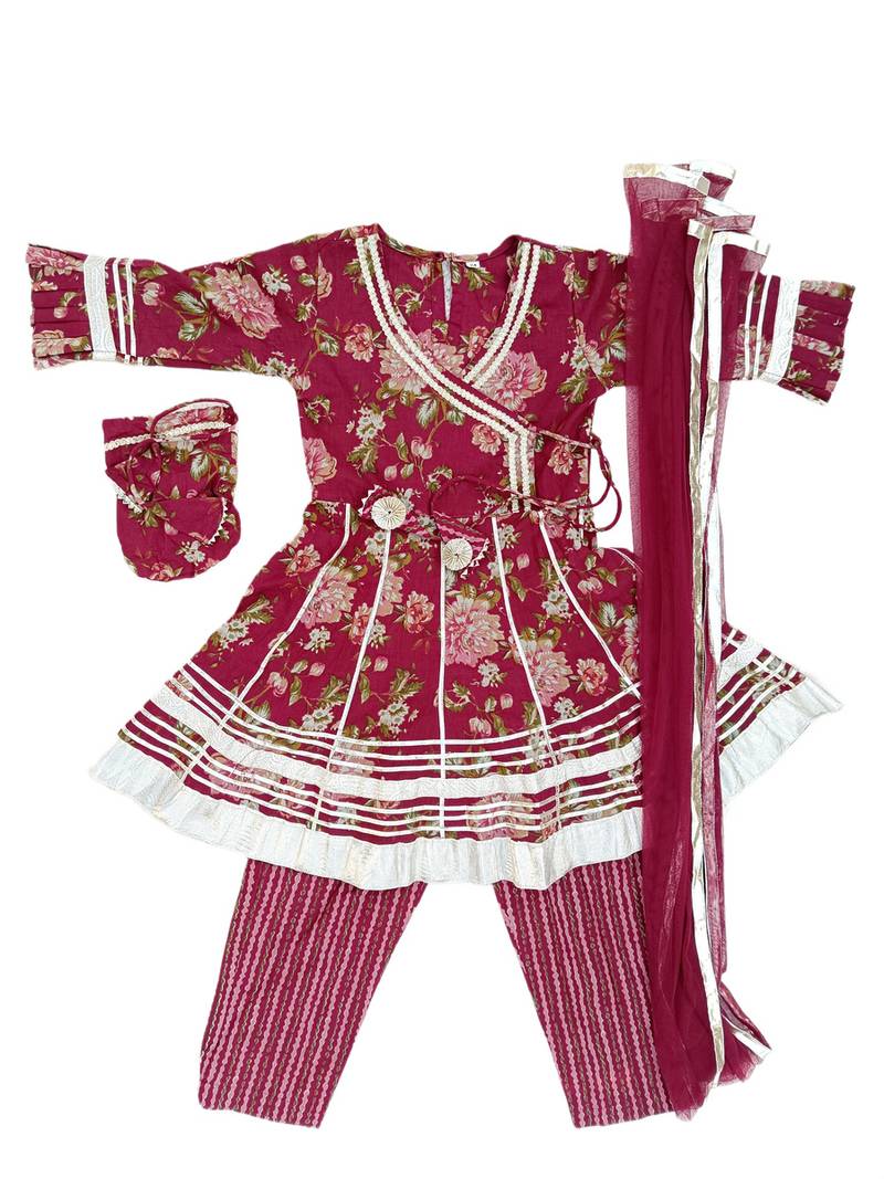 Girls maroon floral kurta set