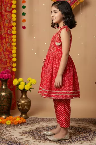 Red jaipuri print kurta set