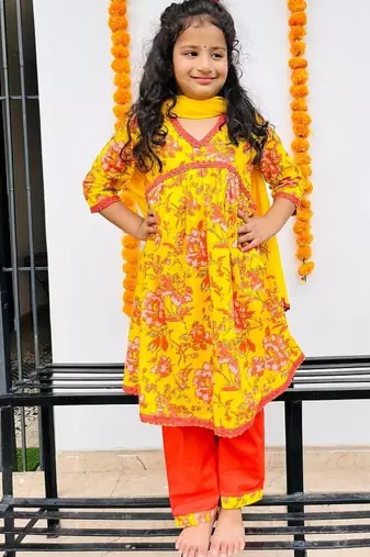 Yellow floral kurta flare set