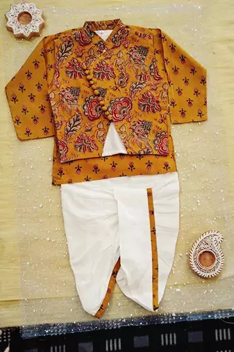 Mustard kurta dhoti set with jacket