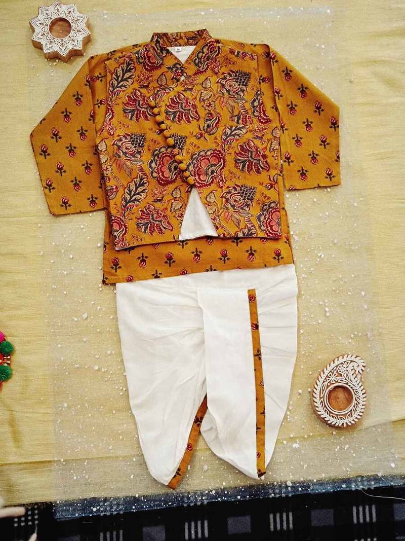 Mustard kurta dhoti set with jacket