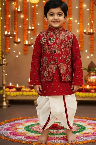 Maroon block print dhoti set