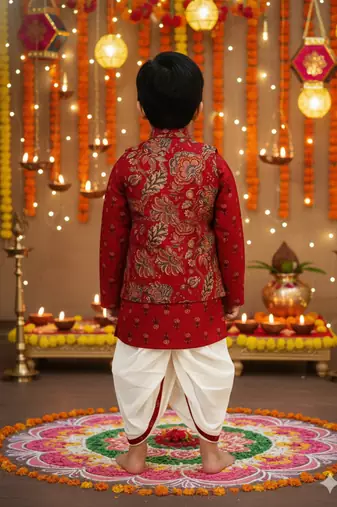Maroon block print dhoti set
