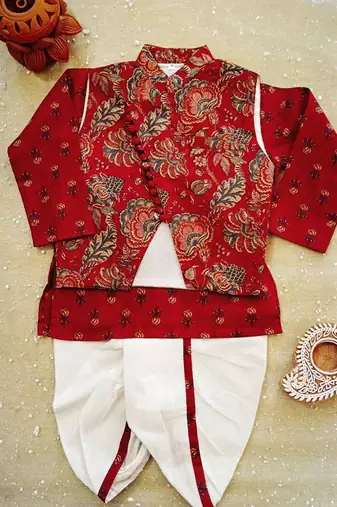 Maroon block print dhoti set