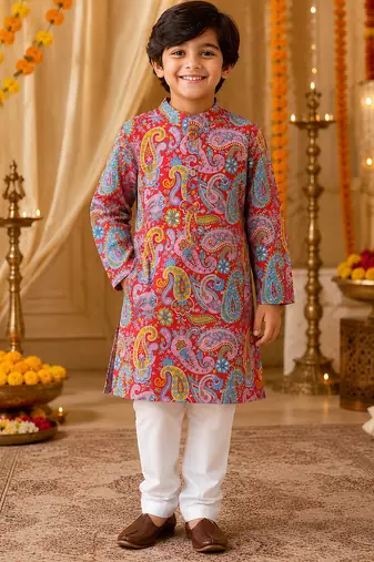Red paisley boys kurta set